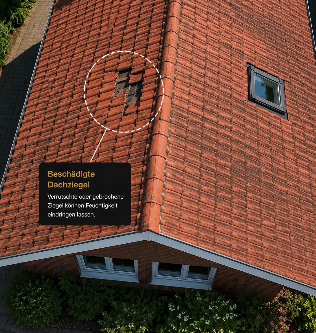 Drohnenaufnahme eines Daches mit markierten Schadstellen